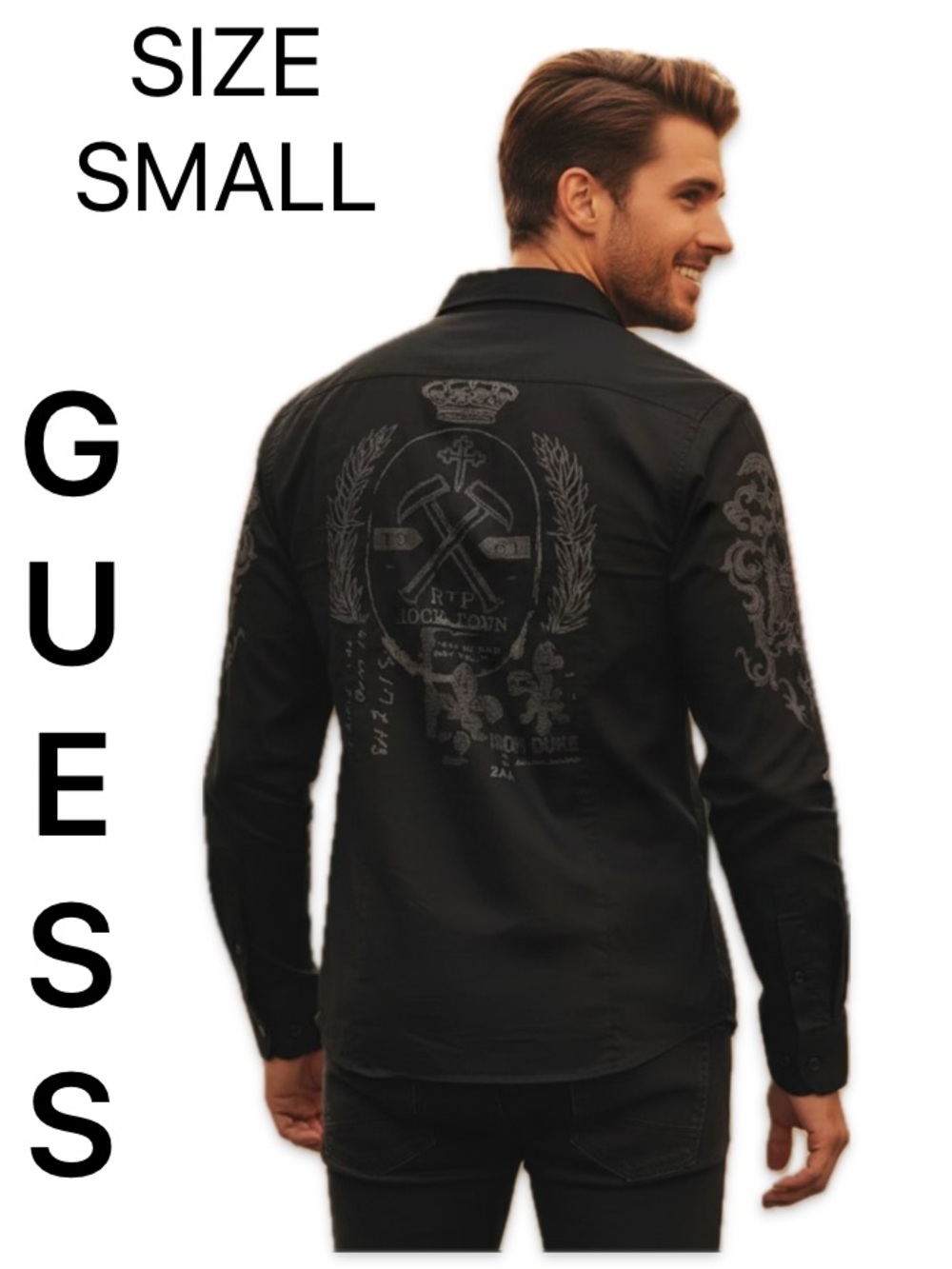 GUESS Black Cotton Snap Button Down Shirt Embroidered Stitch Graphics Small